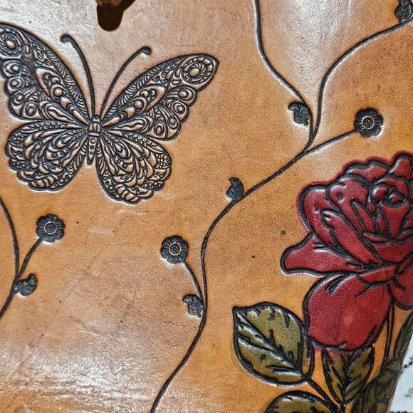 60s boho cottagecore butterfly roses tooled leather bag - Picture 3 of 6